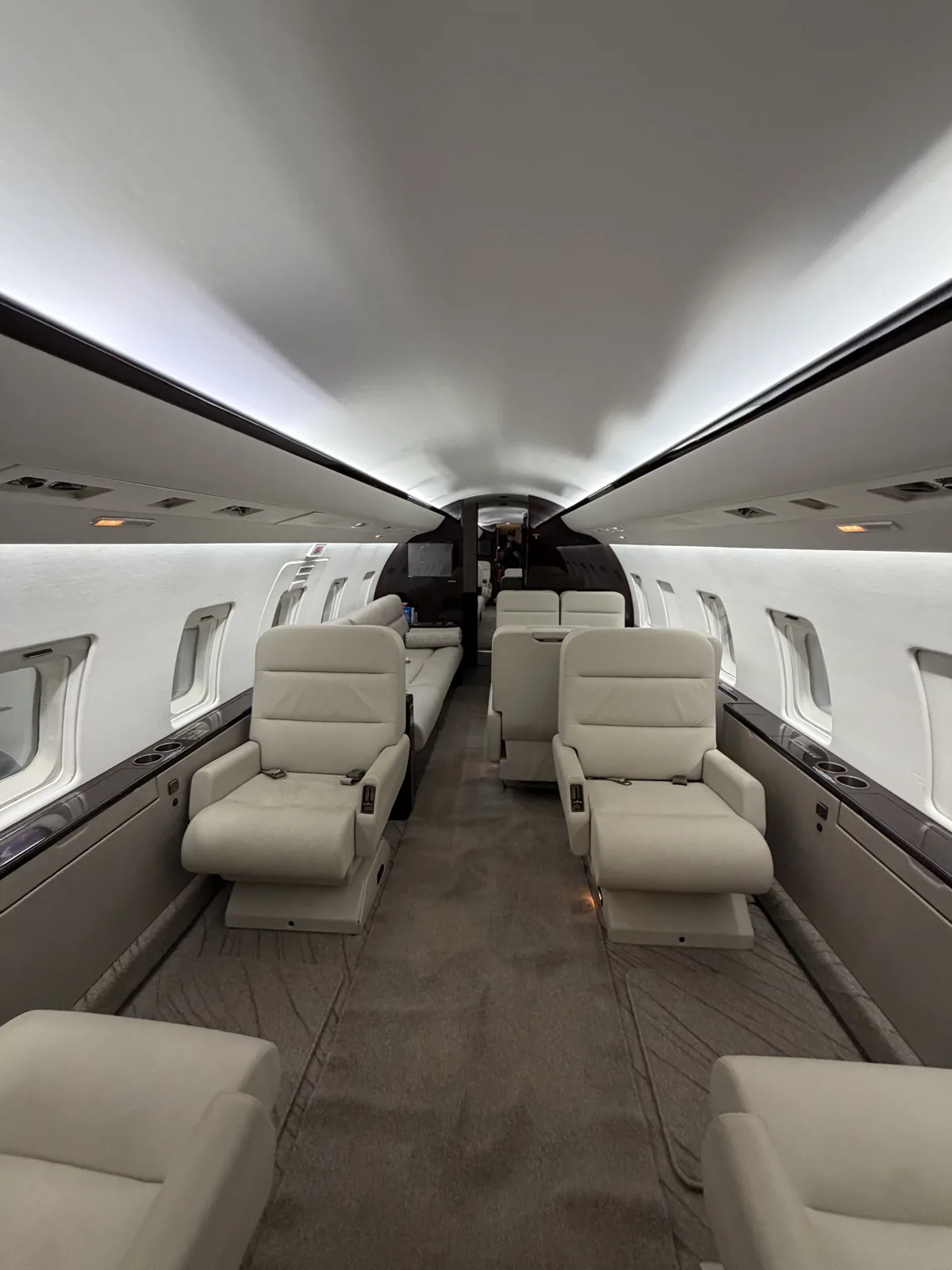 Cabin seating, carpet and aisle.