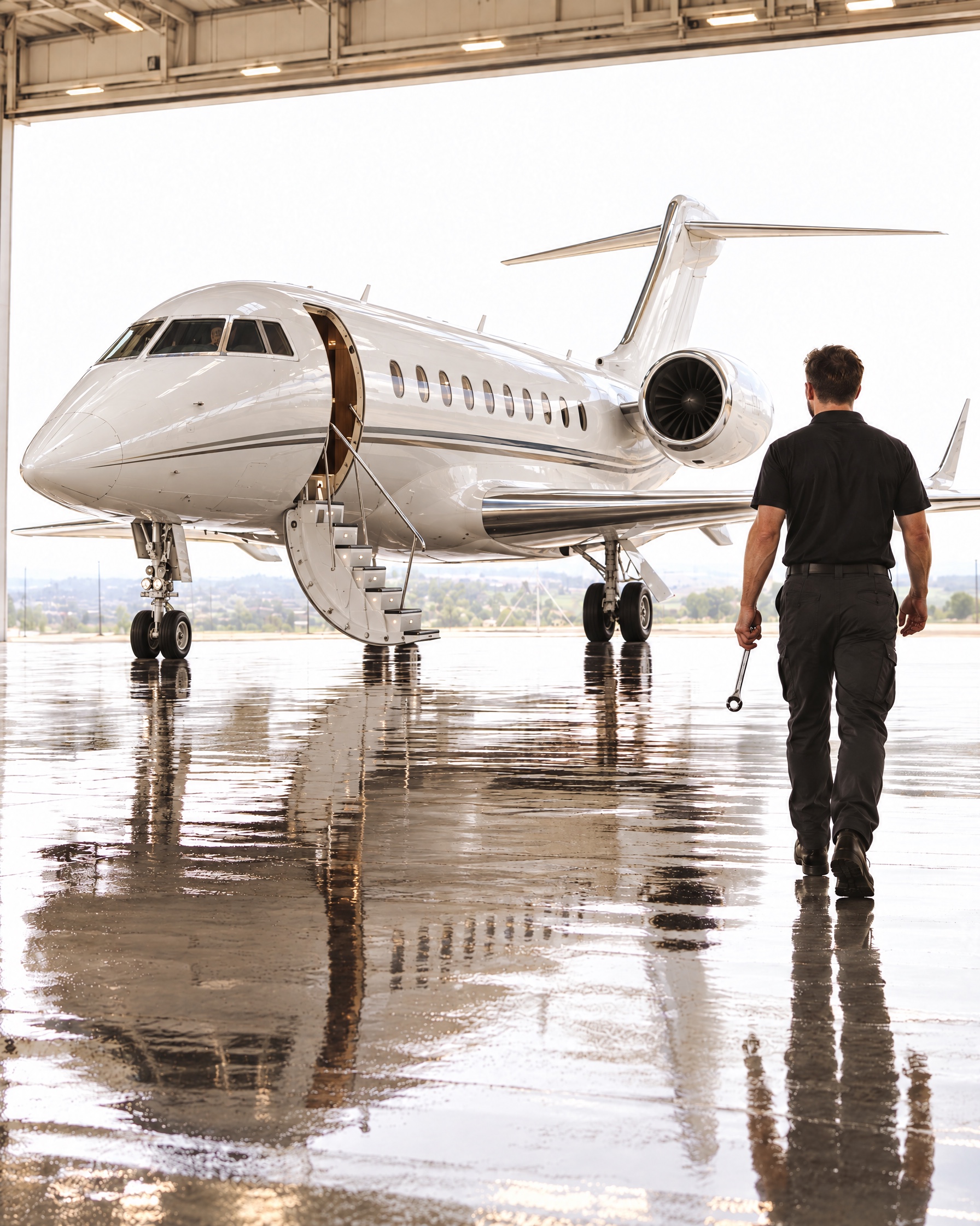 A technician carrying a wrench walks toward a white business jet with its boarding stairs open.