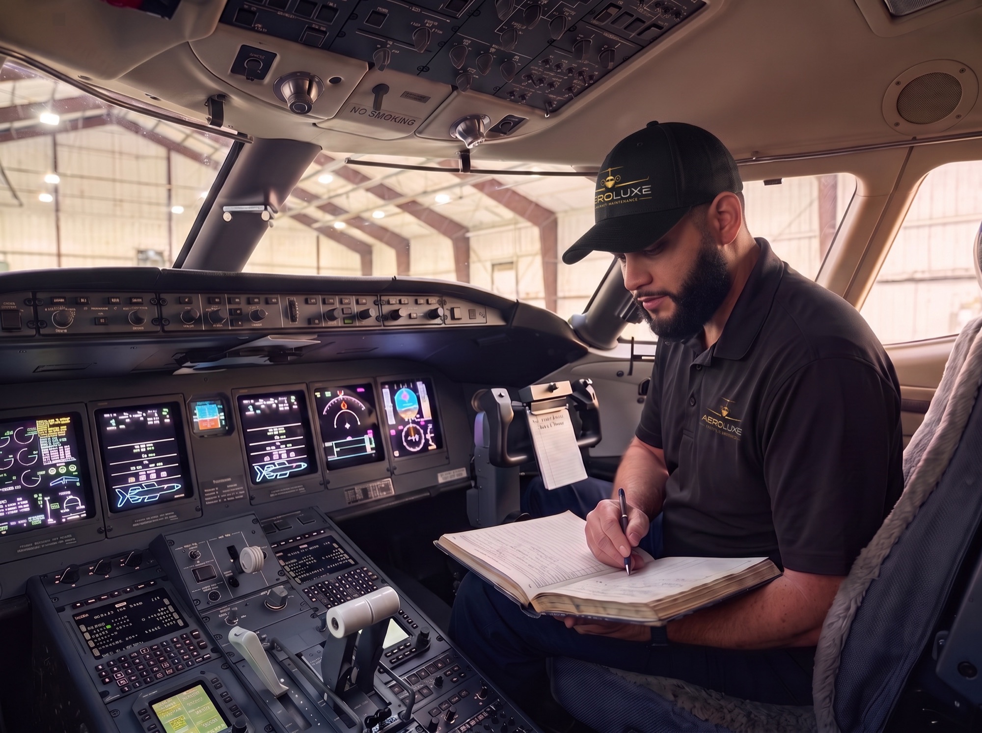 An Aeroluxe technician in a branded cap and polo writes up a logbook entry in the flight deck of a large-cabin jet.